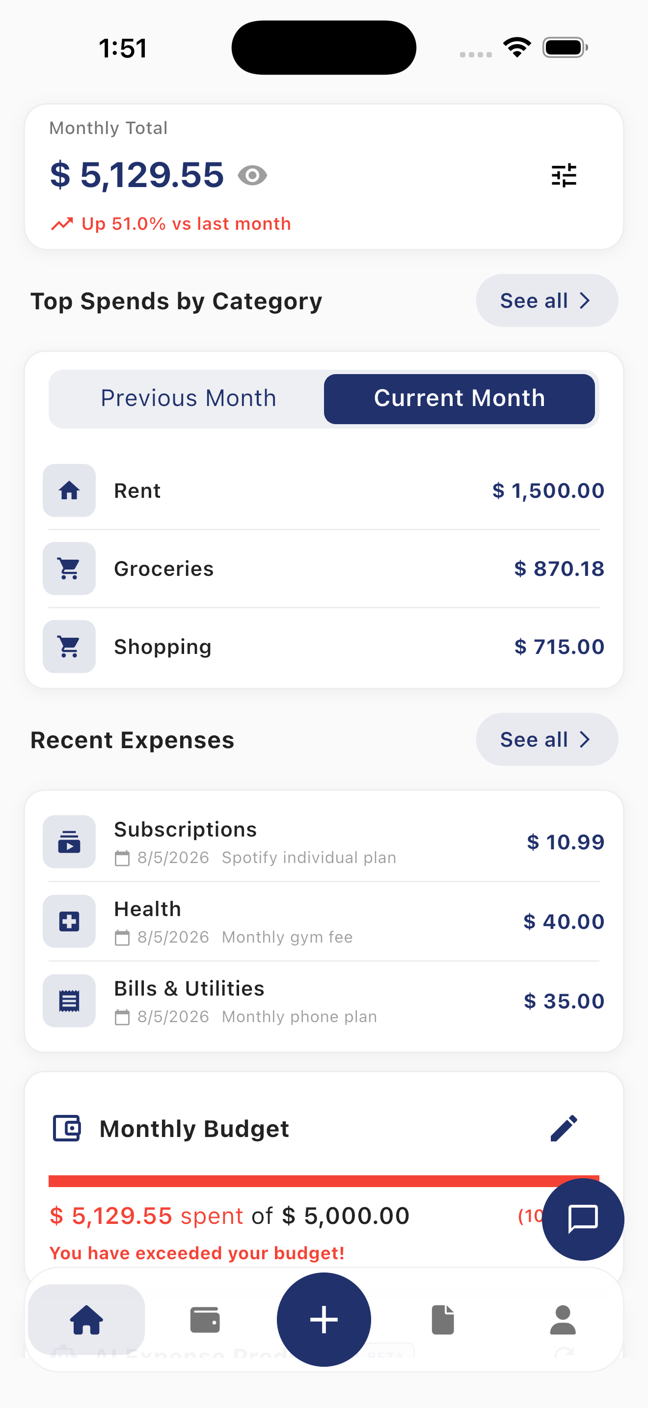 TrackMyExpense App Dashboard